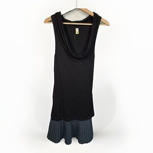 VTG Y2K Free People Dress Black Slub Cowl Neck Pleated Skirt Mini Grunge Size S